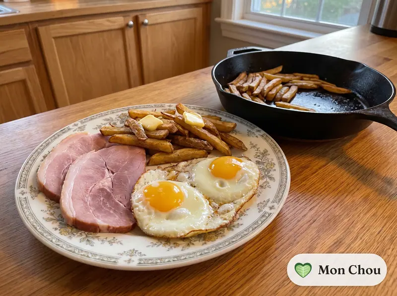 Jambon, œufs au plat et frites
