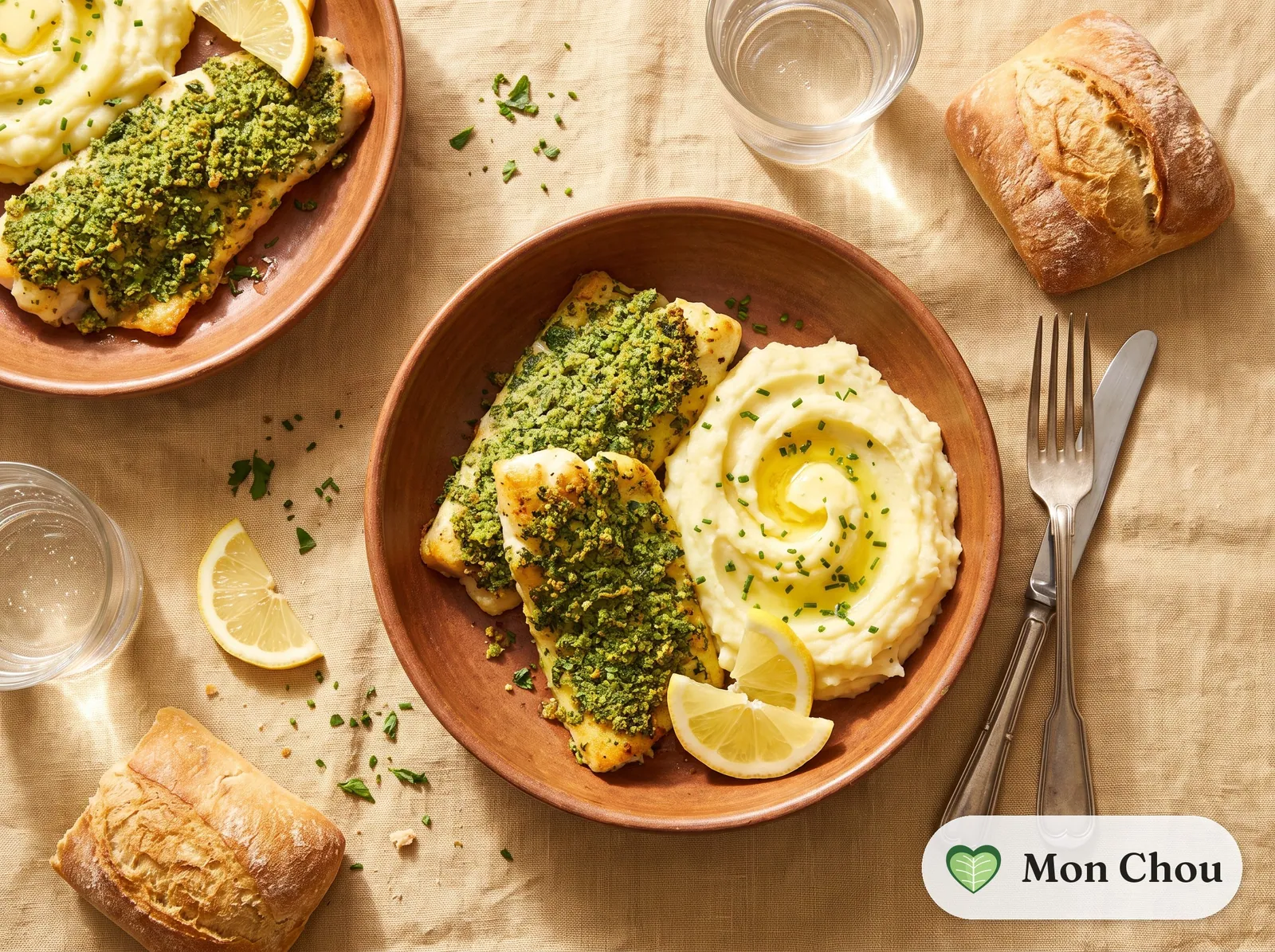 Filets de lieu en croûte d&rsquo;herbes et purée