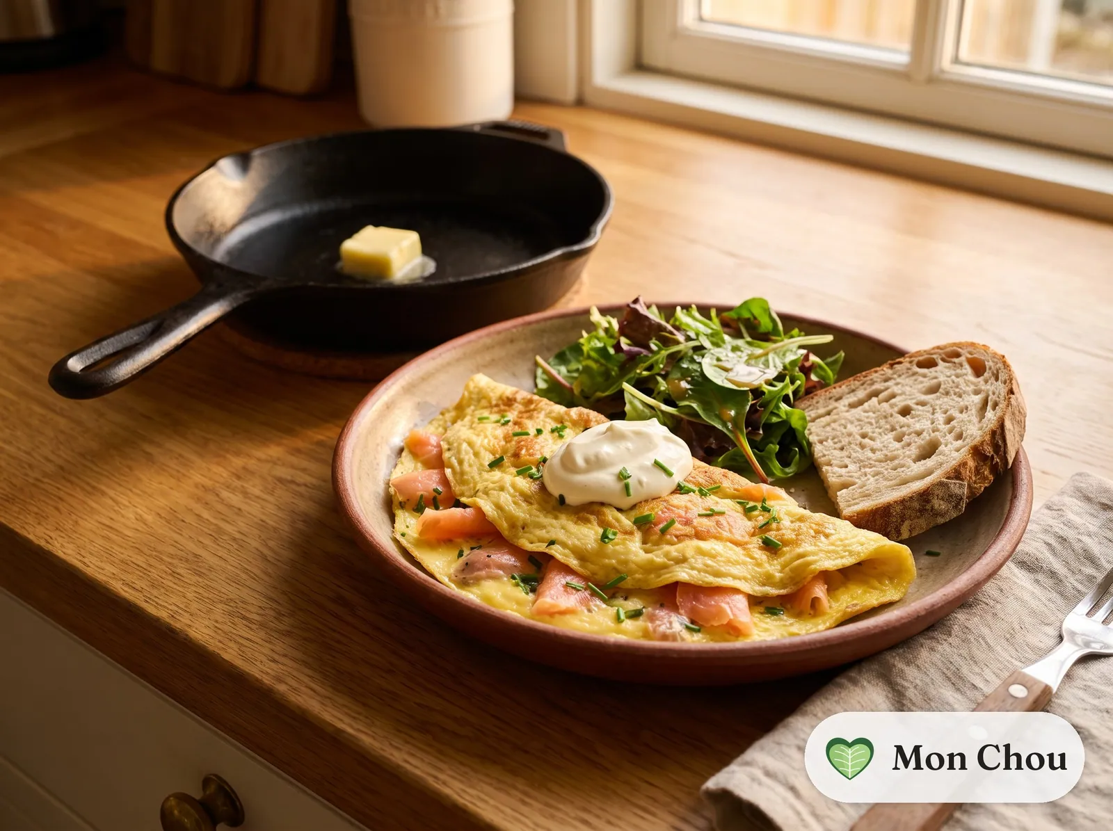 Omelette au saumon fumé et salade