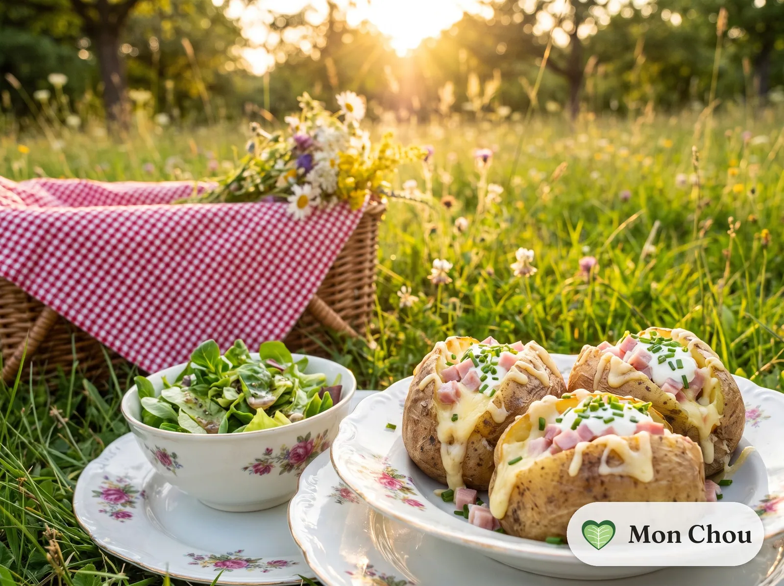 Pommes de terre farcies au jambon et fromage, salade