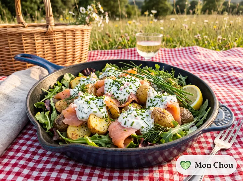 Pommes de terre tièdes, saumon fumé et crème ciboulette