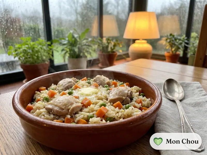 Riz pilaf au poulet et petits légumes