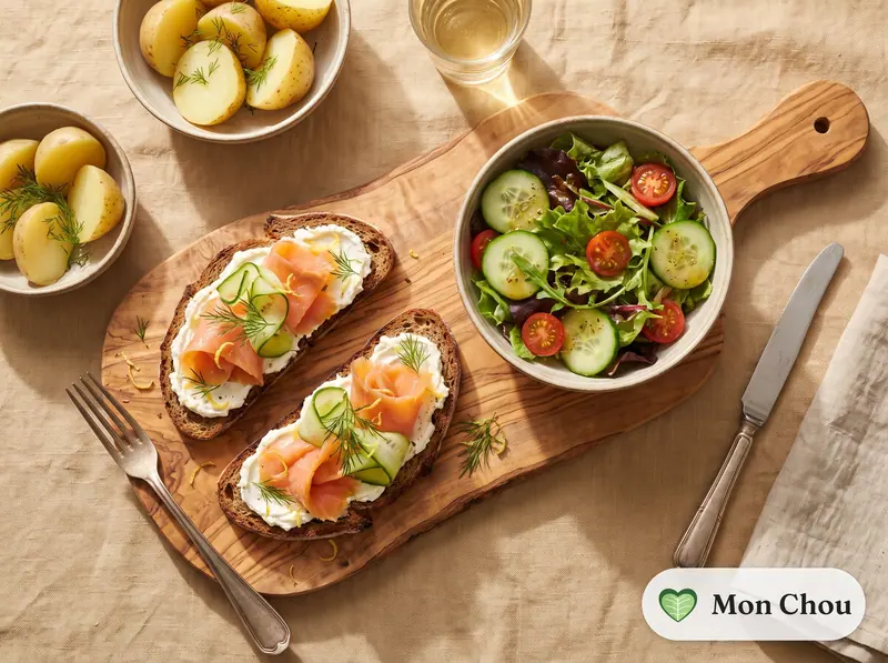 Tartines de truite fumée et concombre, salade