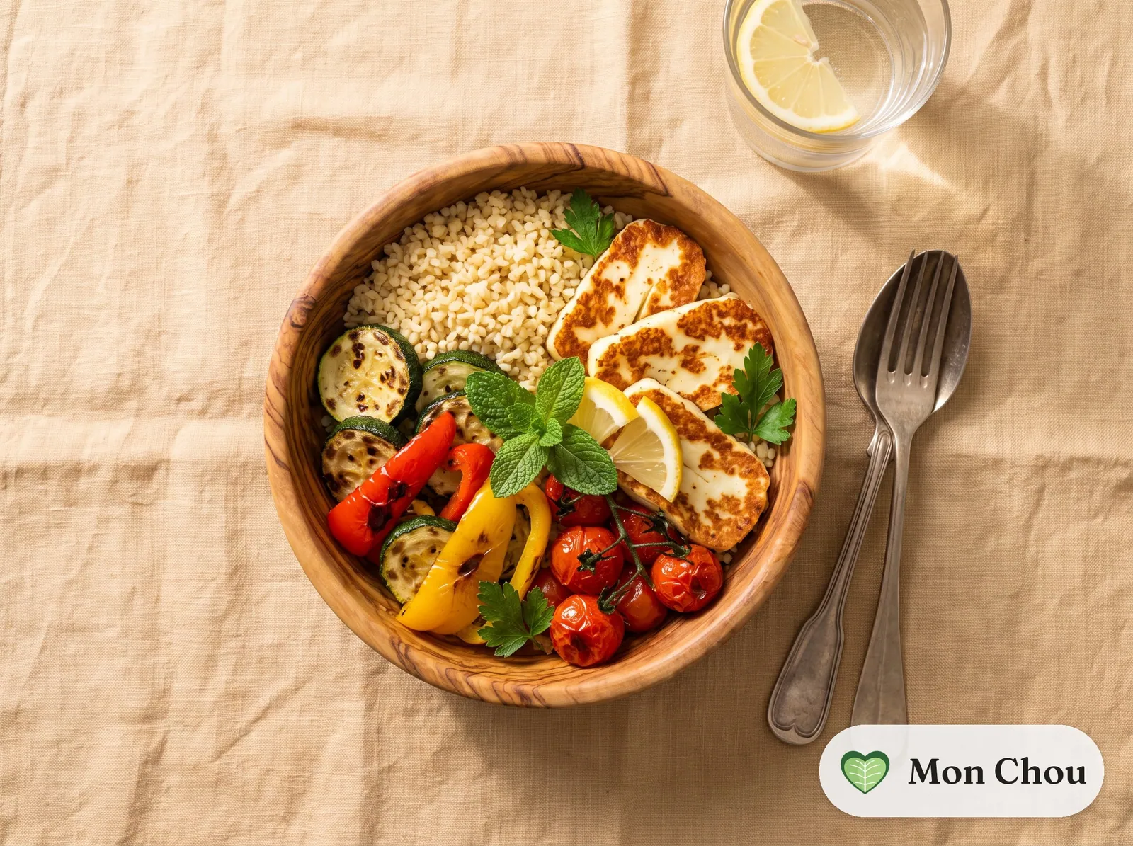 Bowl de boulgour, halloumi et légumes grillés