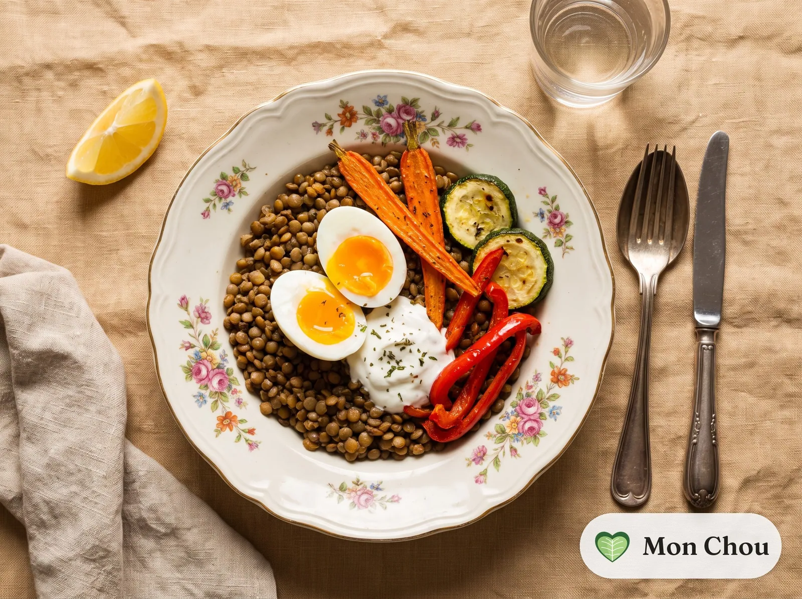 Lentil, soft boiled egg and roasted vegetable bowl