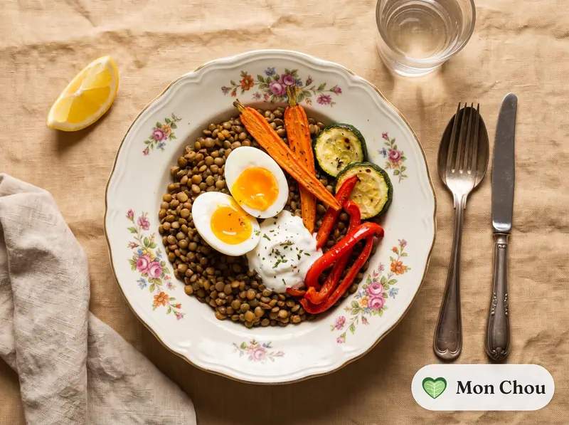 Lentil, soft boiled egg and roasted vegetable bowl