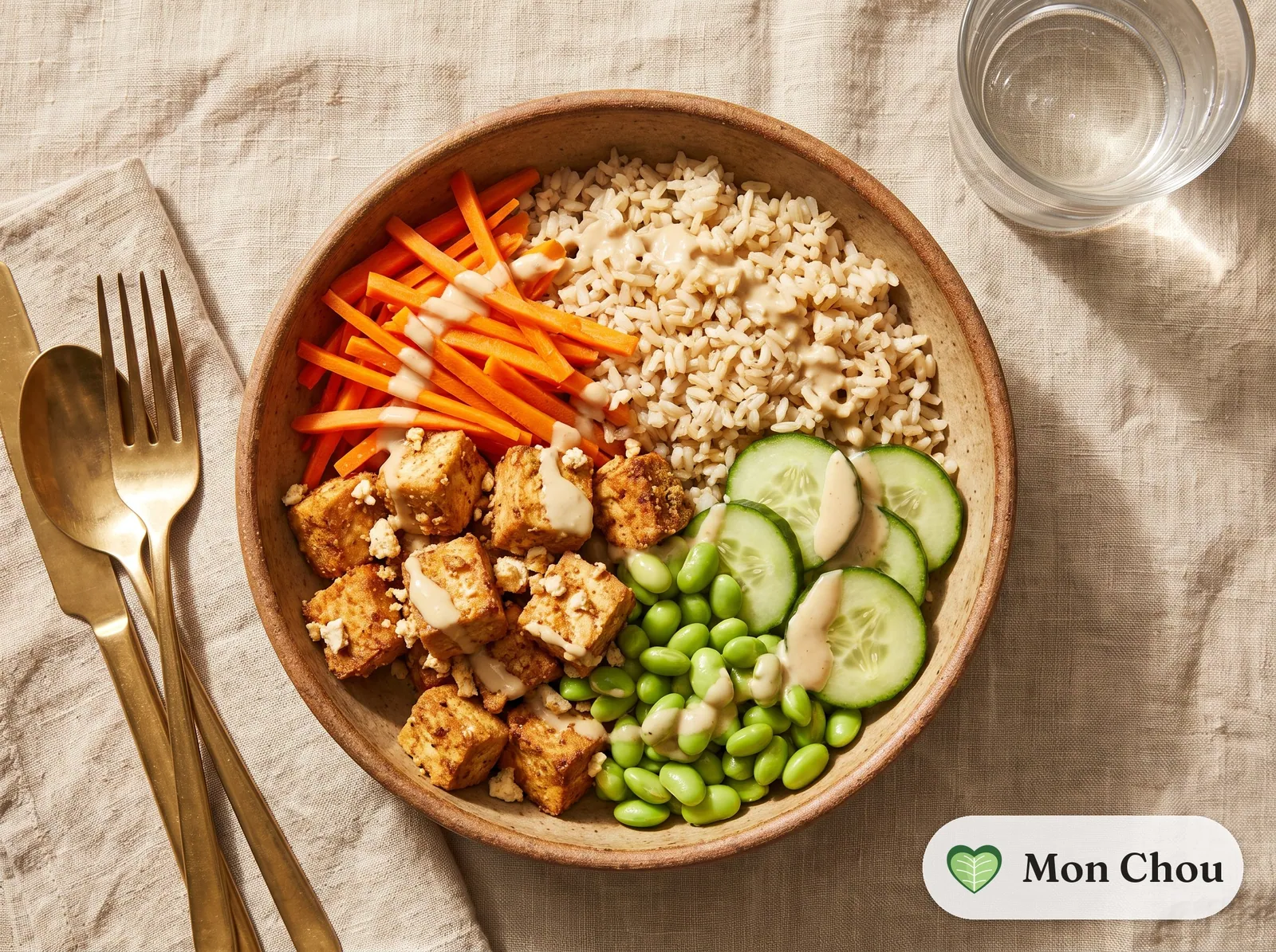Bowl de tofu croustillant, riz et légumes