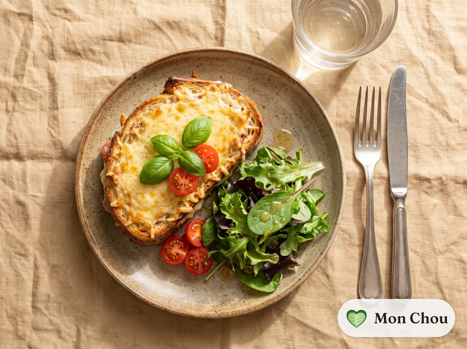 Croque au thon et tomate, salade