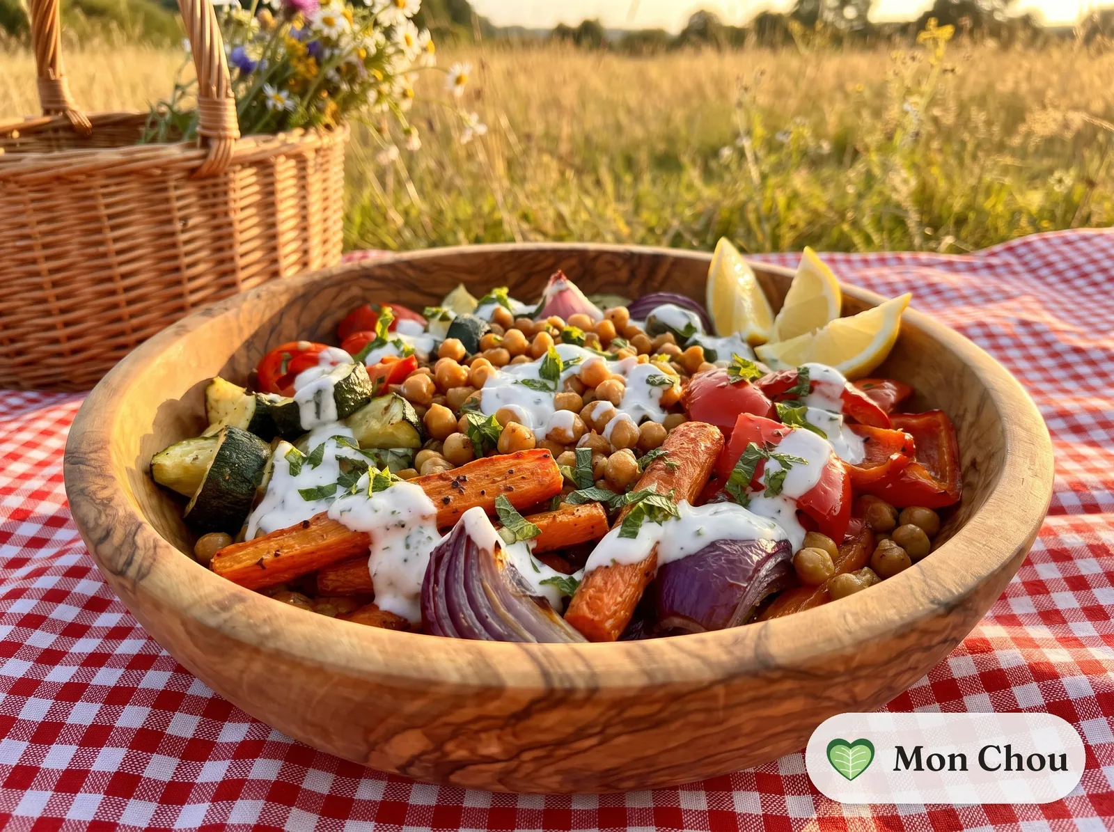 Légumes rôtis au four et pois chiches, sauce yaourt