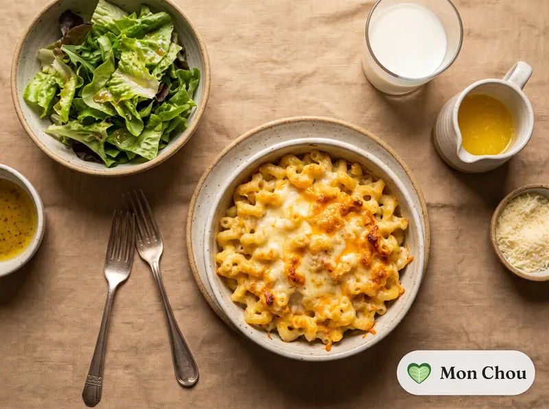 Macaronis au fromage et salade verte