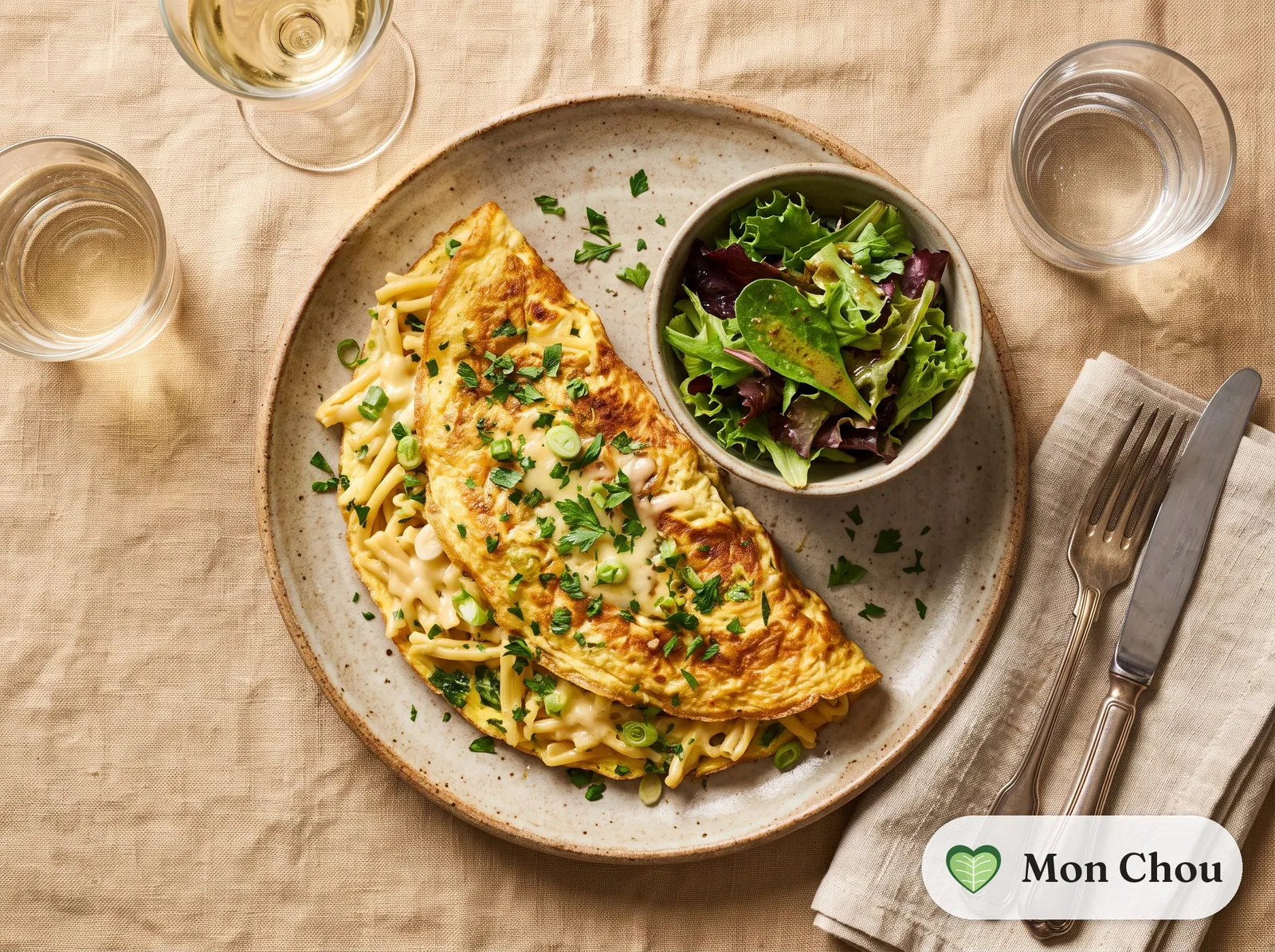 Nudelomelett aus Resten mit Salat
