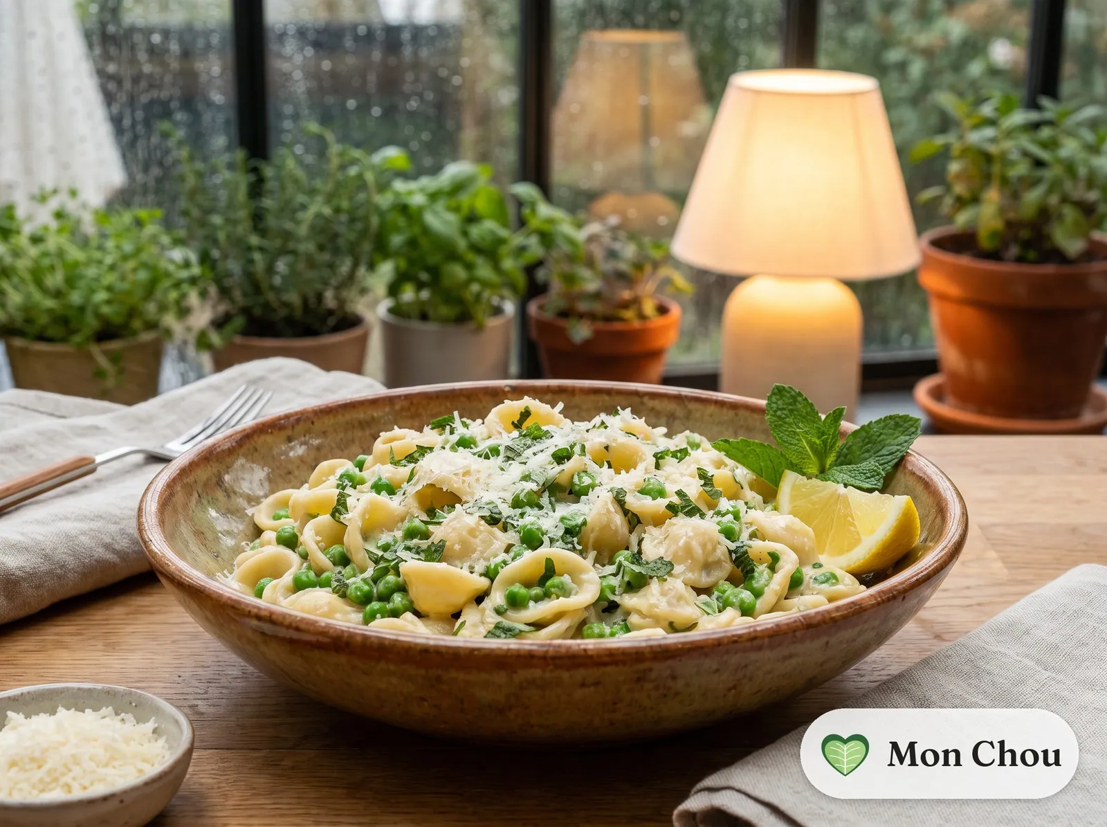 Pâtes aux petits pois, menthe et parmesan