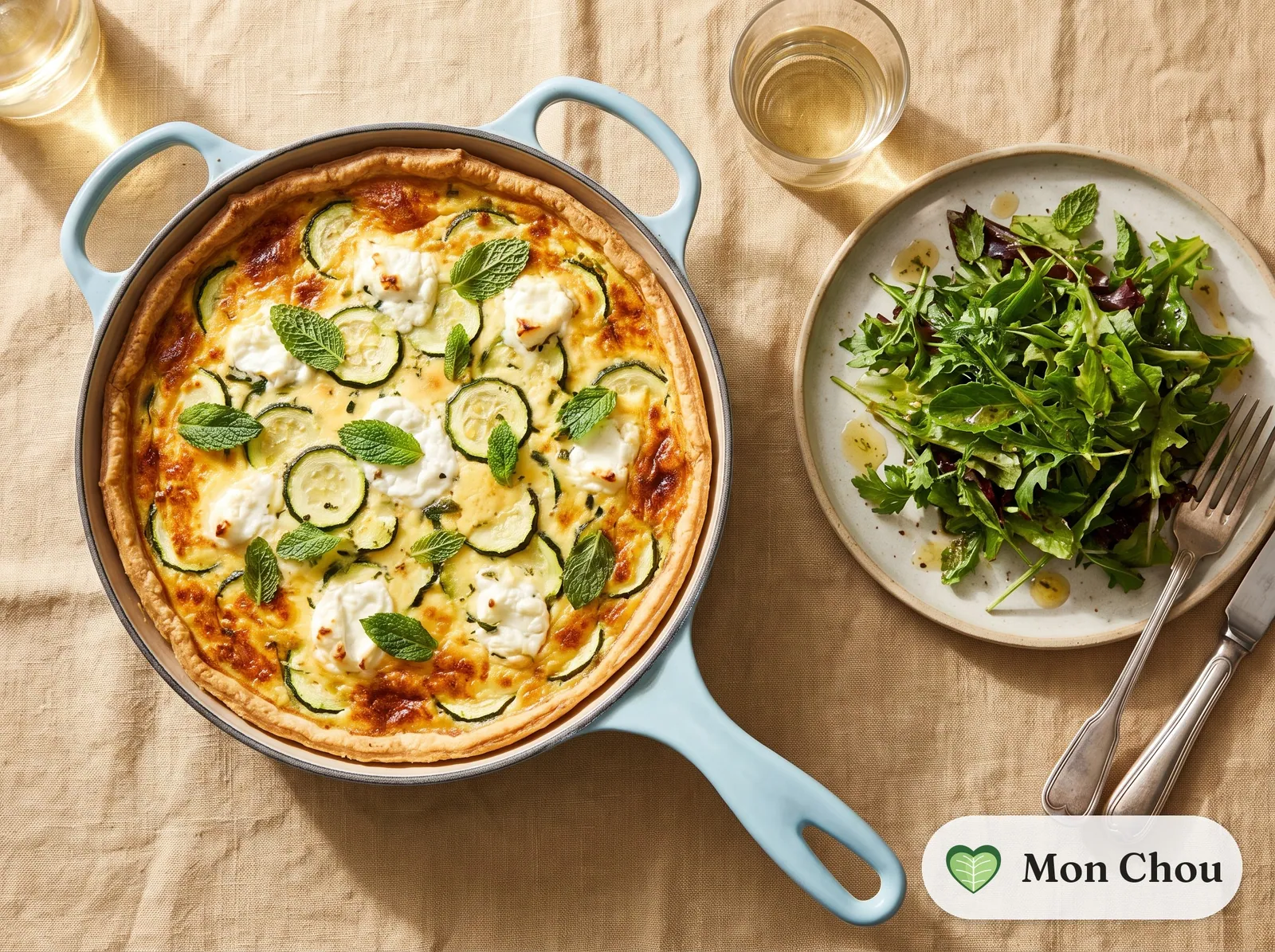 Quiche courgettes et chèvre, salade