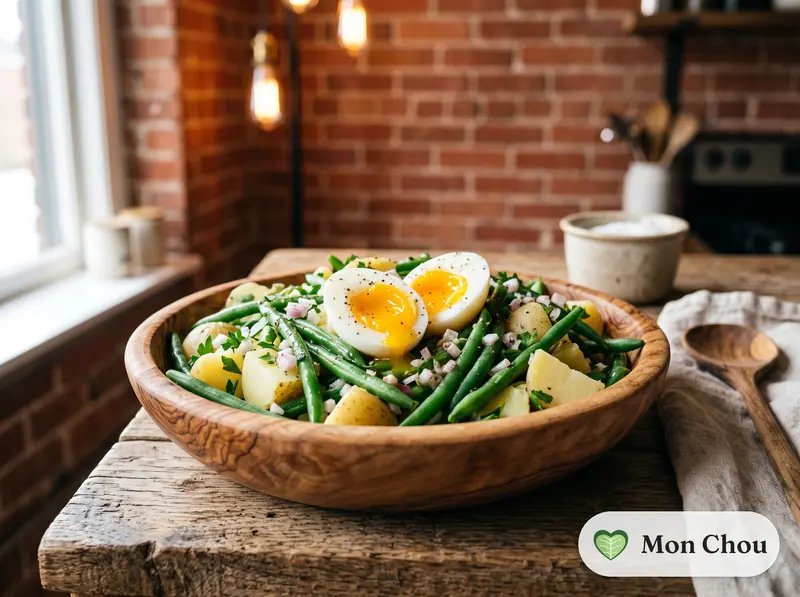 Salade de haricots verts, pommes de terre et œufs mollets