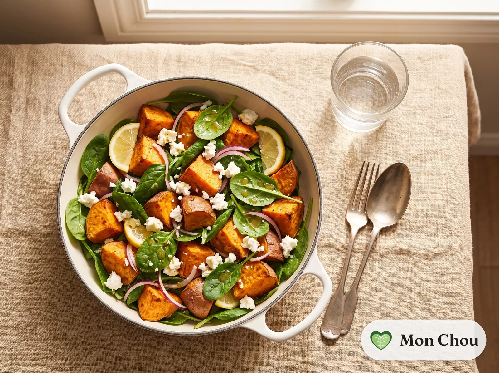 Salade de patate douce rôtie, épinards et feta
