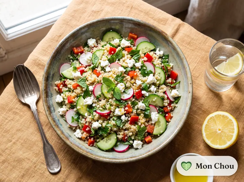 Salade de quinoa, feta et légumes croquants