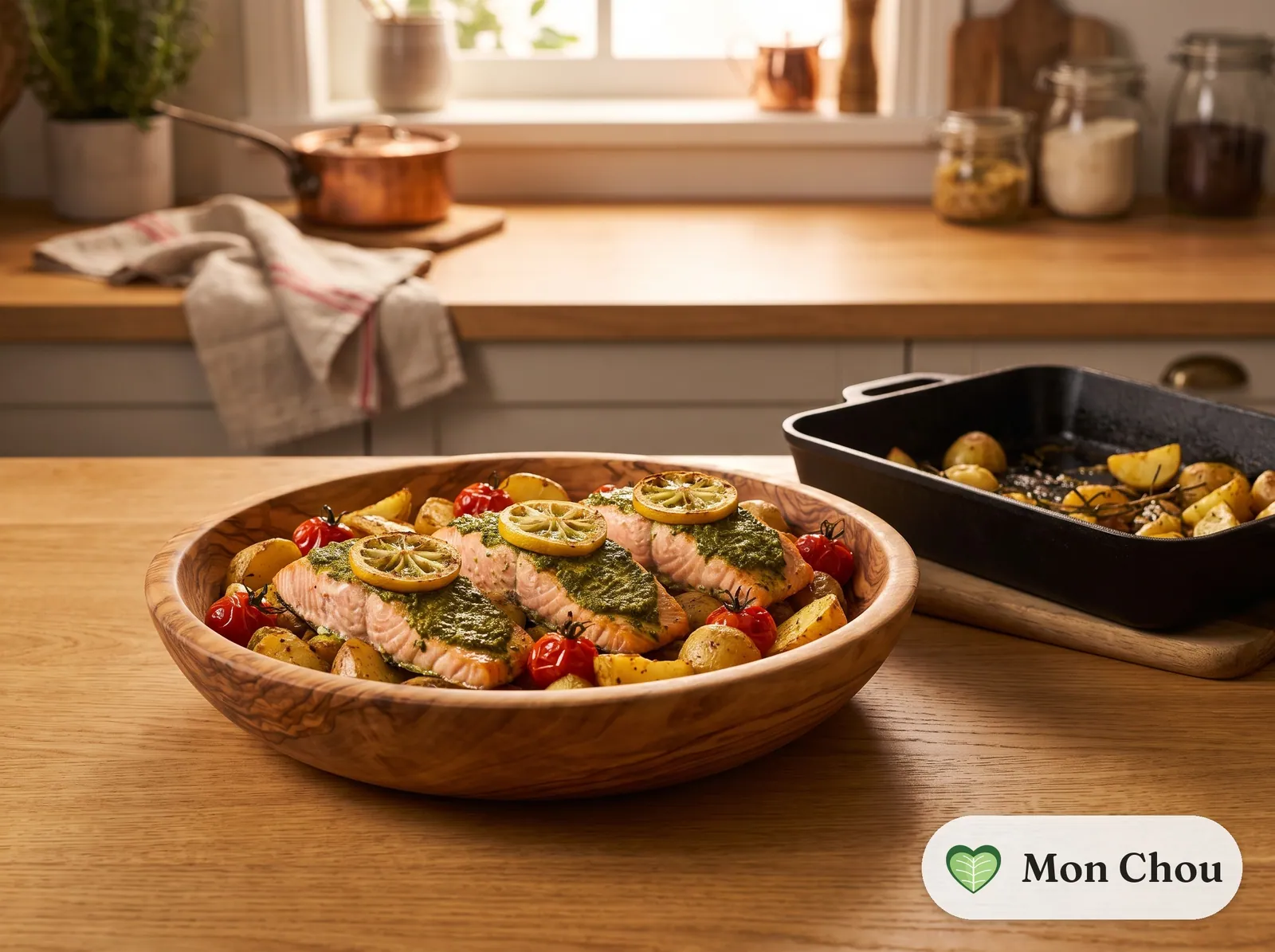 Pesto salmon with roasted potatoes