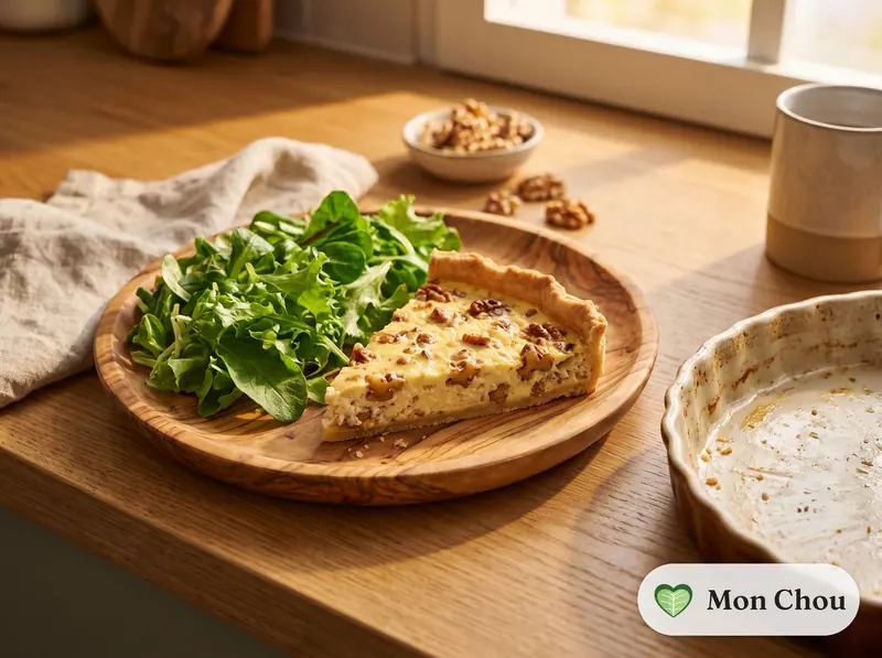 Tarte au comté et aux noix, salade