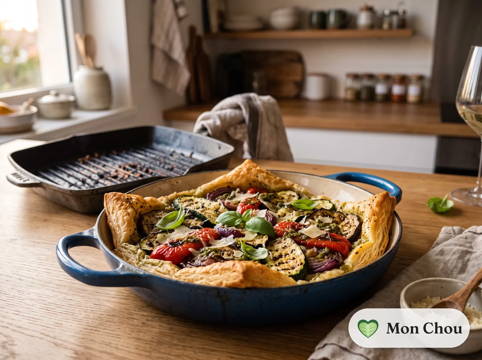 Flatbread tart with grilled vegetables and pesto
