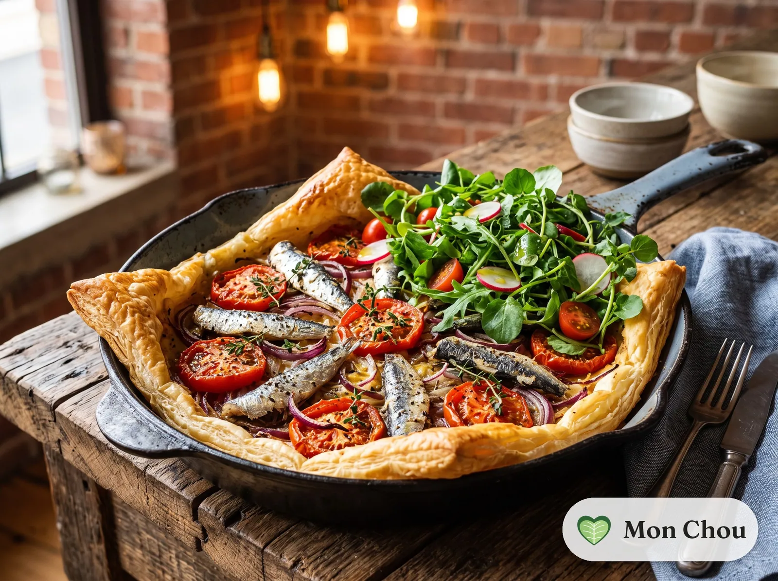 Tarte fine aux sardines et tomates, salade