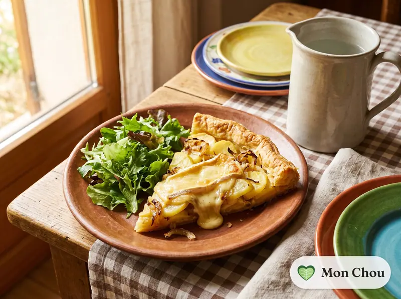 Tarte aux pommes de terre et fromage, salade