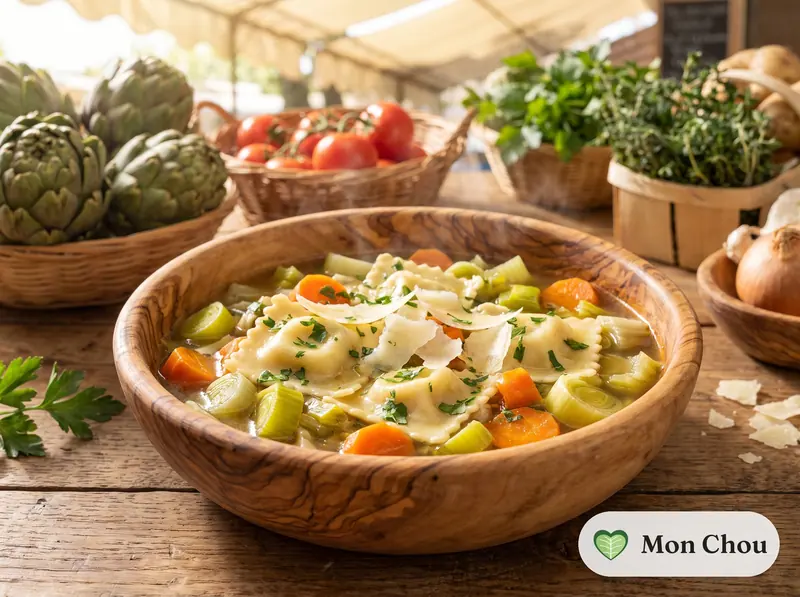 Bouillon de légumes aux raviolis et parmesan