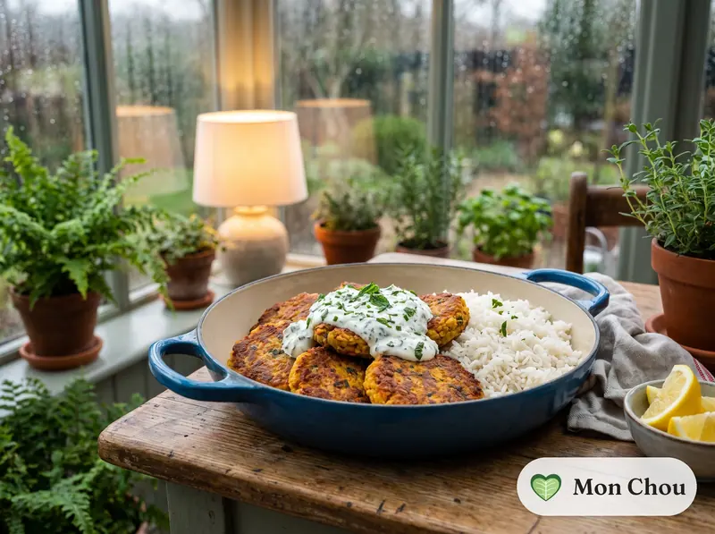 Red lentil patties with herb yogurt and rice