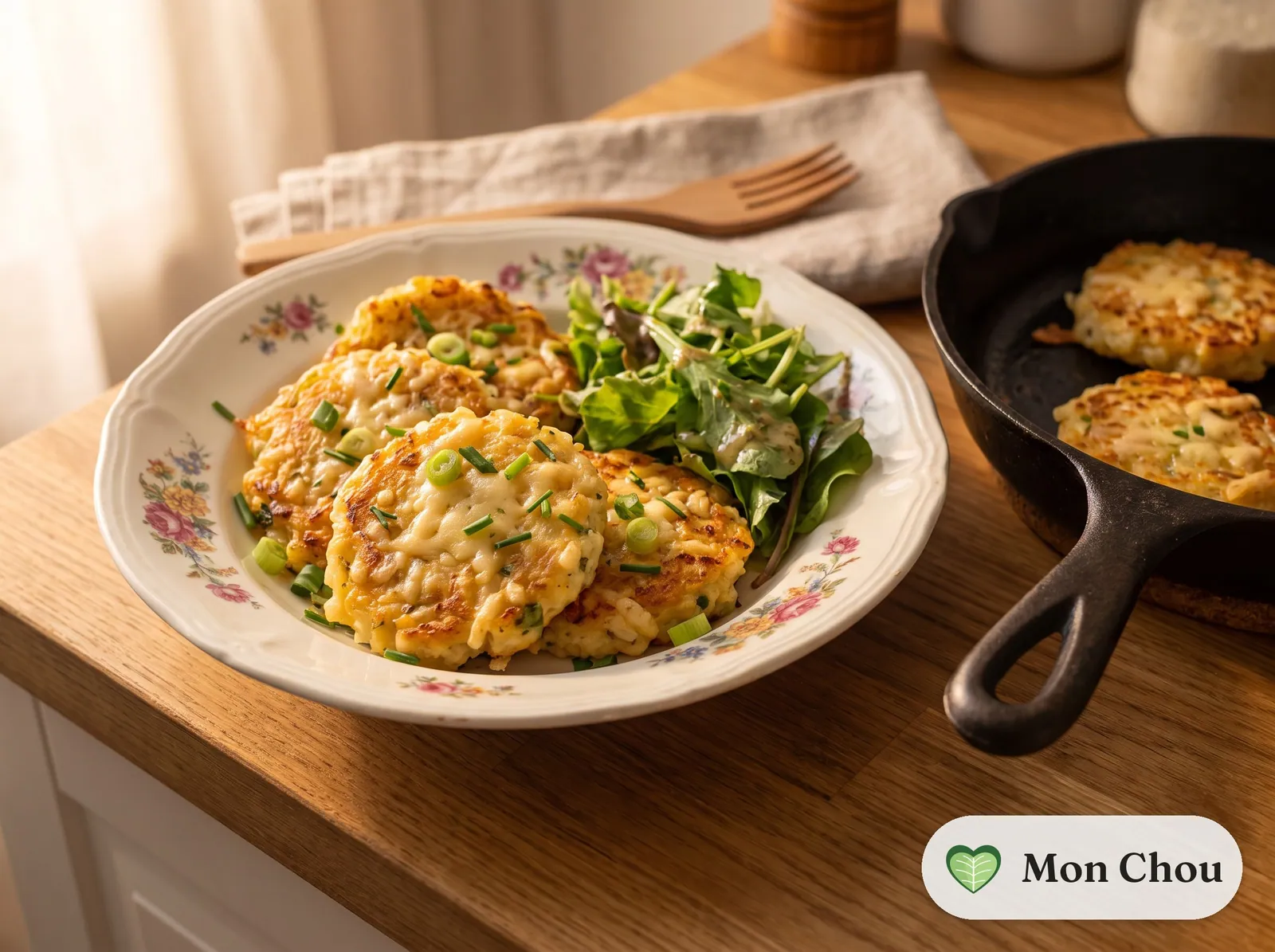 Leftover rice and cheese patties with salad