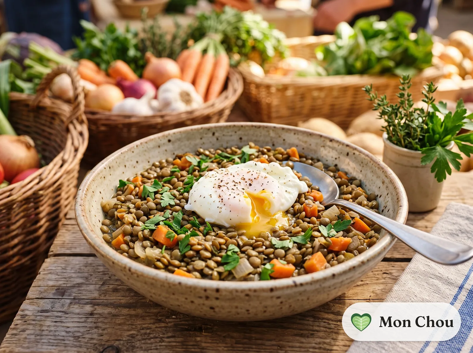 Lentilles vertes aux légumes et œuf poché
