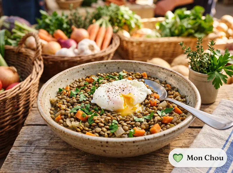 Lentilles vertes aux légumes et œuf poché