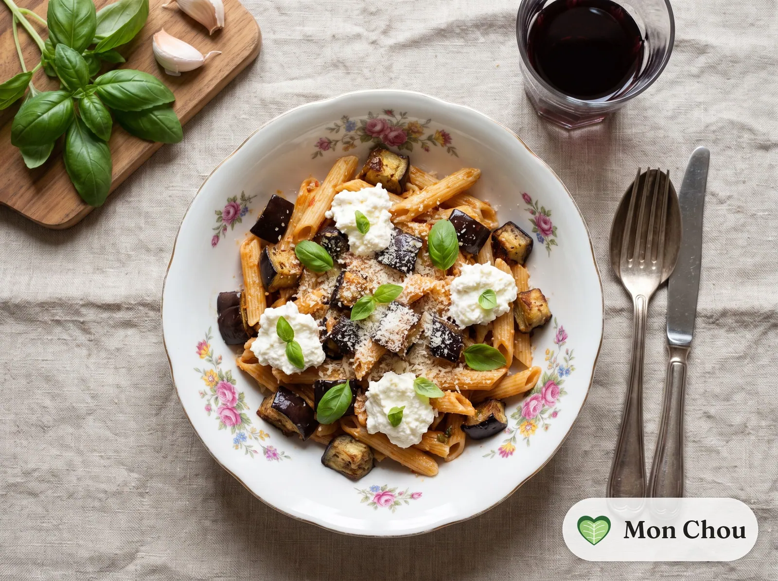 Nudeln mit gerösteter Aubergine und Ricotta