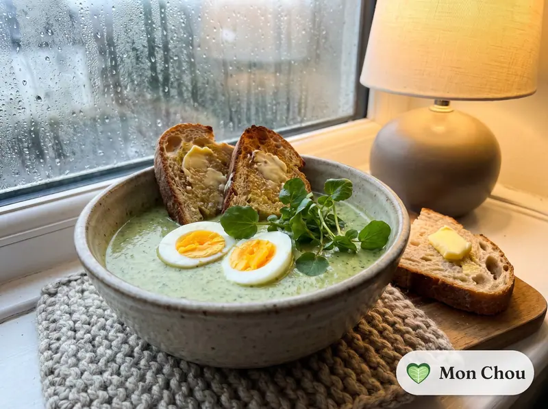 Brunnenkressesuppe mit gekochten Eiern und Croutons
