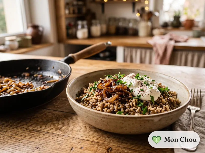 Riz aux lentilles et oignons caramélisés