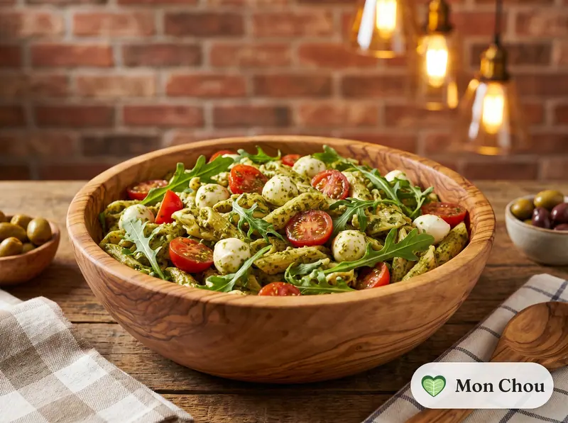 Salade de pâtes au pesto, tomates et mozzarella