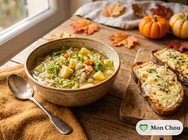 Soupe de chou aux pommes de terre et tartines de cantal