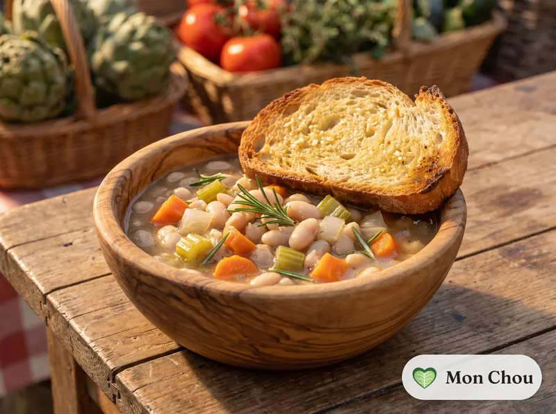 Soupe de haricots blancs au romarin et pain aillé