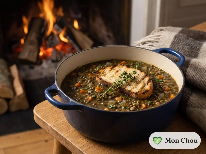 Grüne Linsensuppe mit Karotten und geröstetem Brot