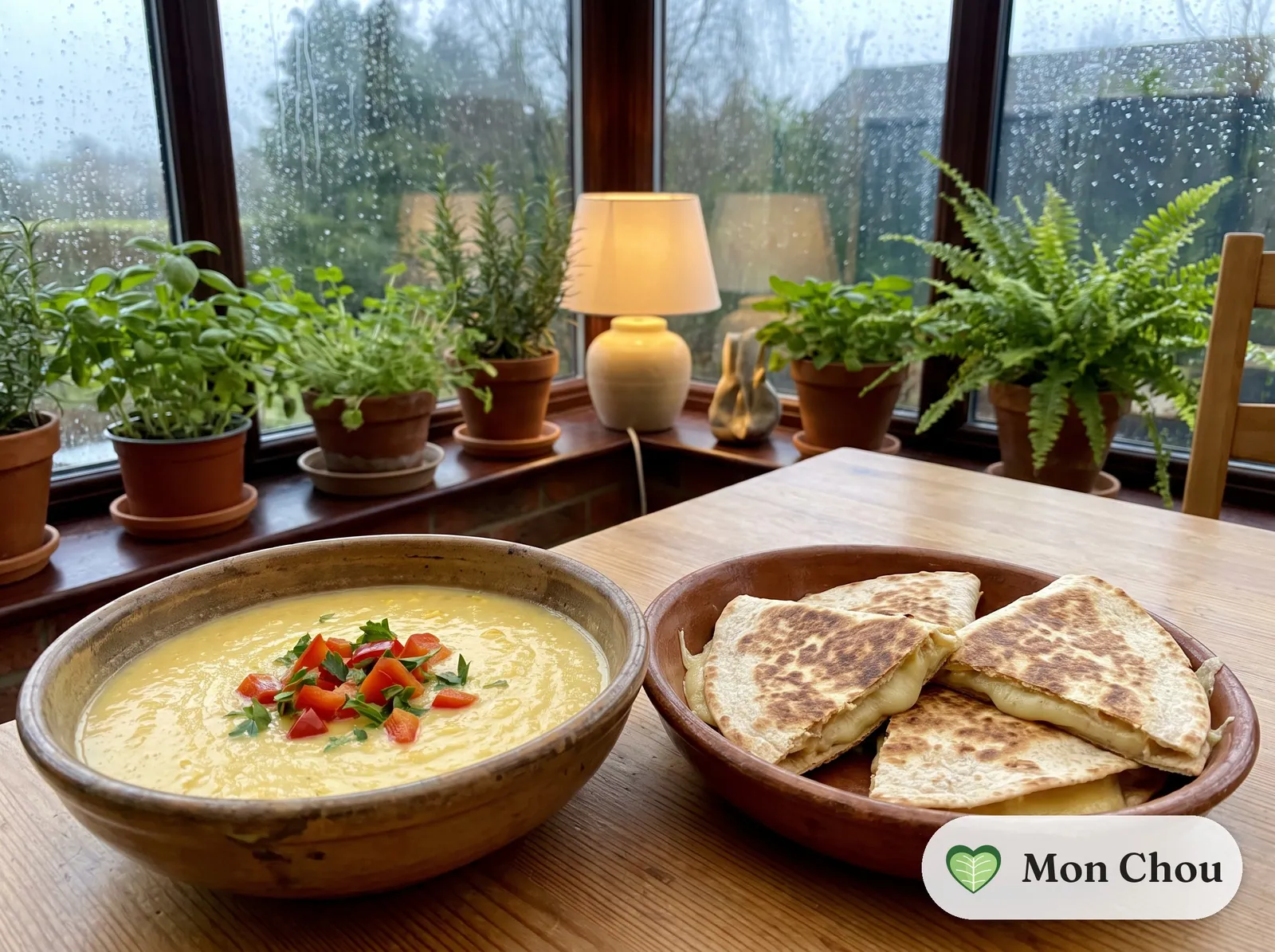 Soupe de maïs crémeuse et quesadillas au fromage