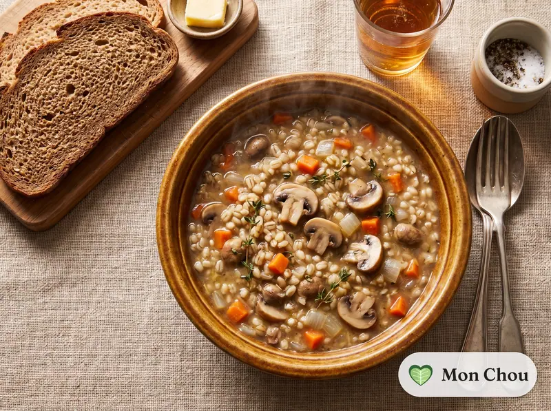 Soupe d&rsquo;orge perlé aux champignons et pain de seigle