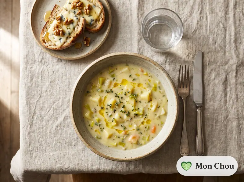 Soupe de poireaux et pommes de terre, tartines au bleu