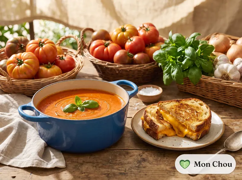 Soupe de tomates rôties et croque au cheddar