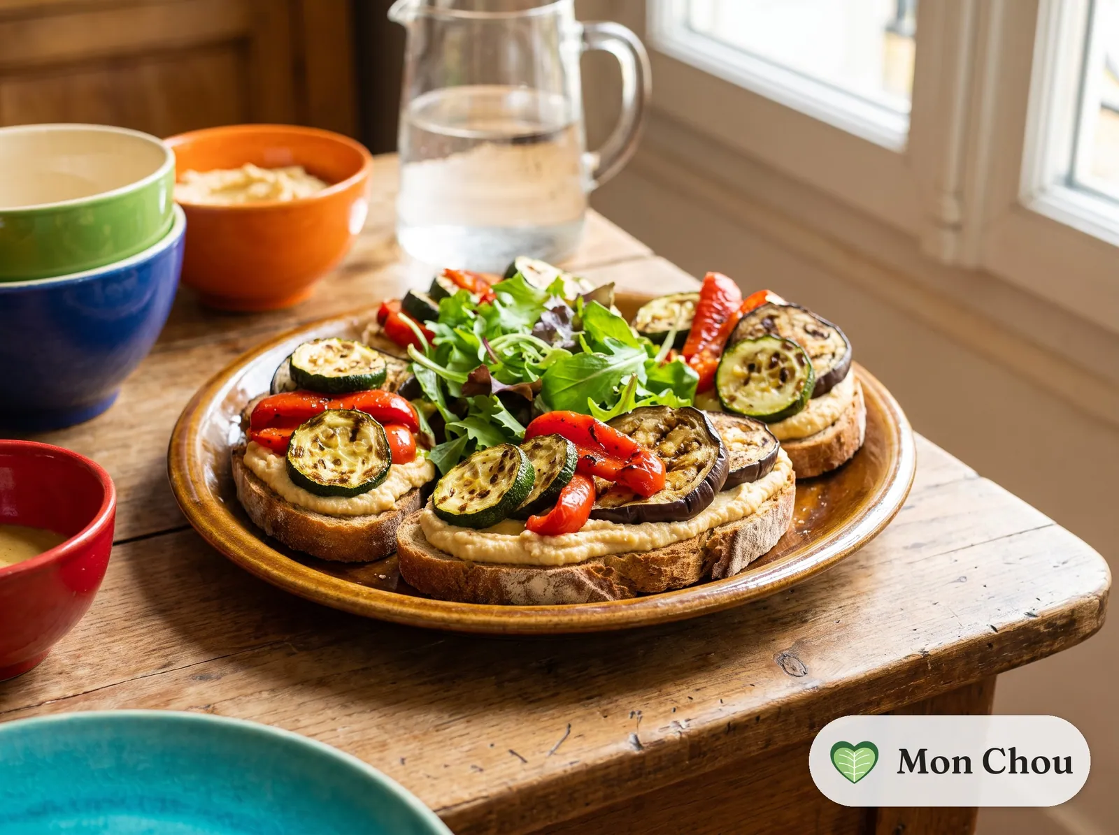 Hummus and roasted vegetable toasts with salad