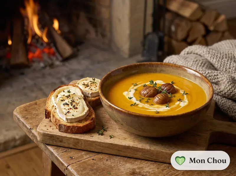 Velouté de butternut aux châtaignes et tartines de chèvre