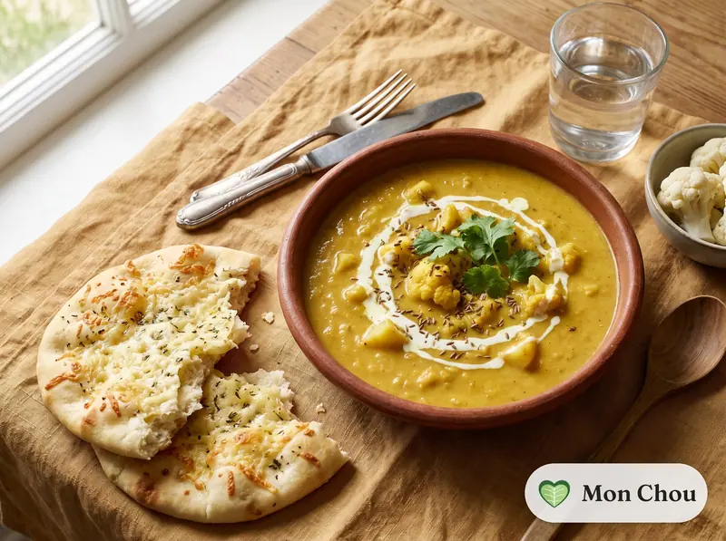 Velouté de chou-fleur au curry et naans au fromage