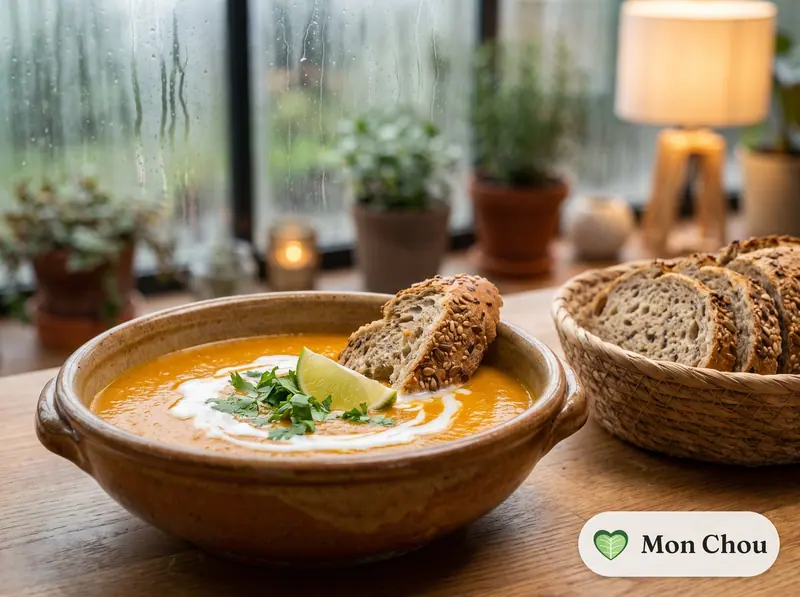 Sweet potato and coconut milk soup with seeded bread