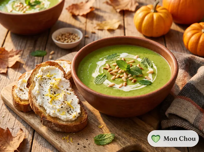 Velouté de petits pois à la menthe et tartines de ricotta