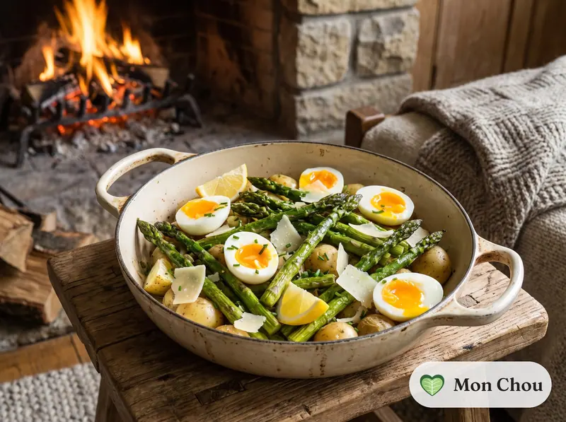 Asperges rôties, œufs mollets et pommes de terre nouvelles