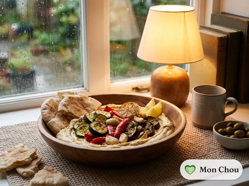 Assiette de houmous, légumes rôtis et pain pita