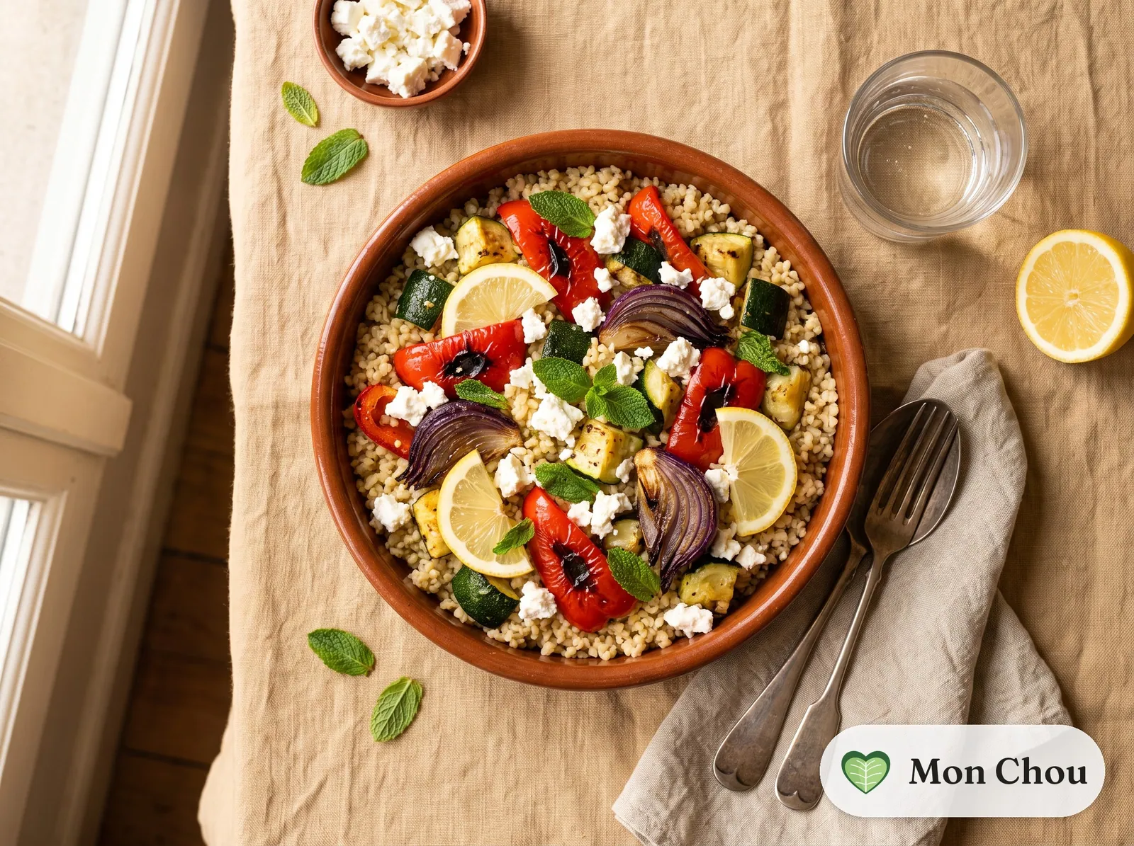 Bulgur with roasted vegetables and feta