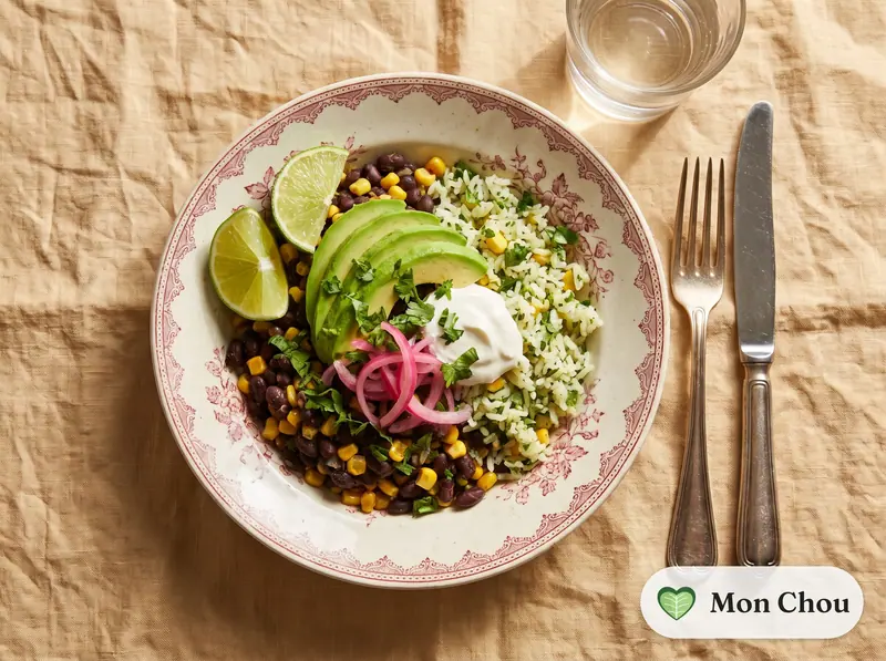 Bowl de haricots noirs, maïs et riz au citron vert